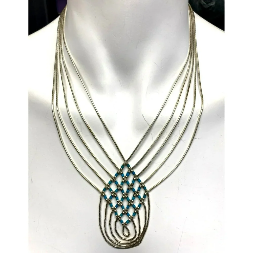 Native American Liquid Silver Woven Turquoise Beaded Necklace 18" Vintage 17.4g - Picture 2 of 9